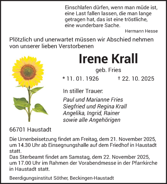 Traueranzeige von Irene Krall von saarbruecker_zeitung