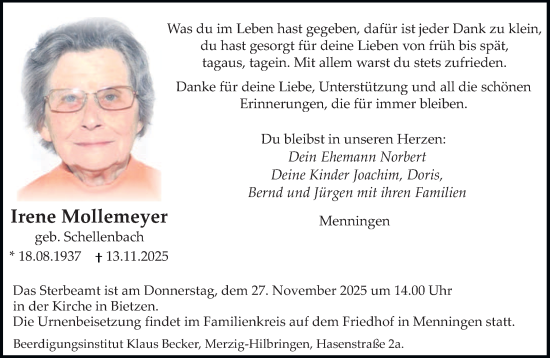 Traueranzeige von Irene Mollemeyer von saarbruecker_zeitung