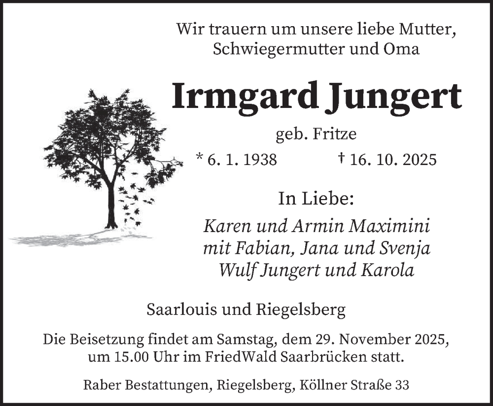  Traueranzeige für Irmgard Jungert vom 31.10.2025 aus saarbruecker_zeitung