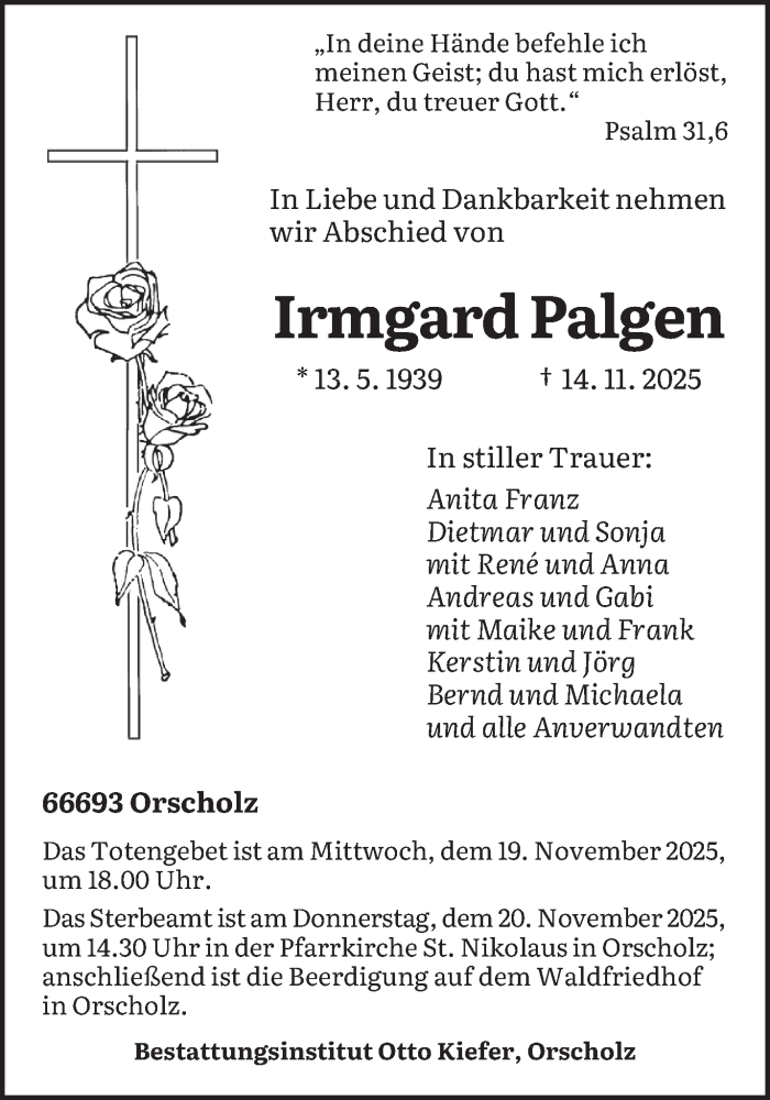  Traueranzeige für Irmgard Palgen vom 18.11.2025 aus saarbruecker_zeitung
