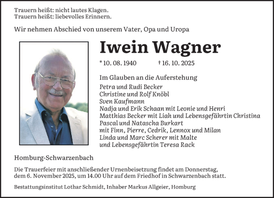 Traueranzeige von Iwein Wagner von saarbruecker_zeitung