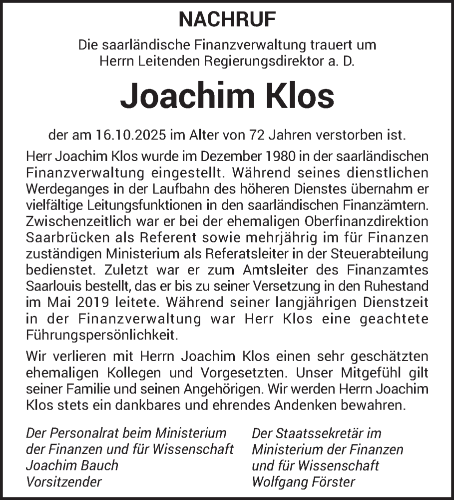  Traueranzeige für Joachim Klos vom 31.10.2025 aus saarbruecker_zeitung