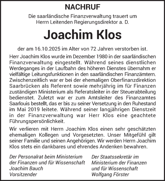 Traueranzeige von Joachim Klos von saarbruecker_zeitung