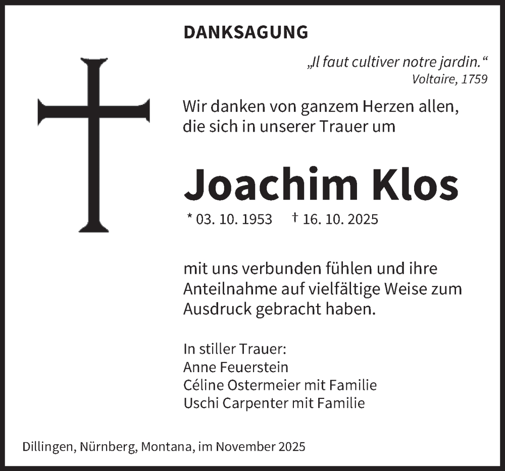  Traueranzeige für Joachim Klos vom 08.11.2025 aus saarbruecker_zeitung