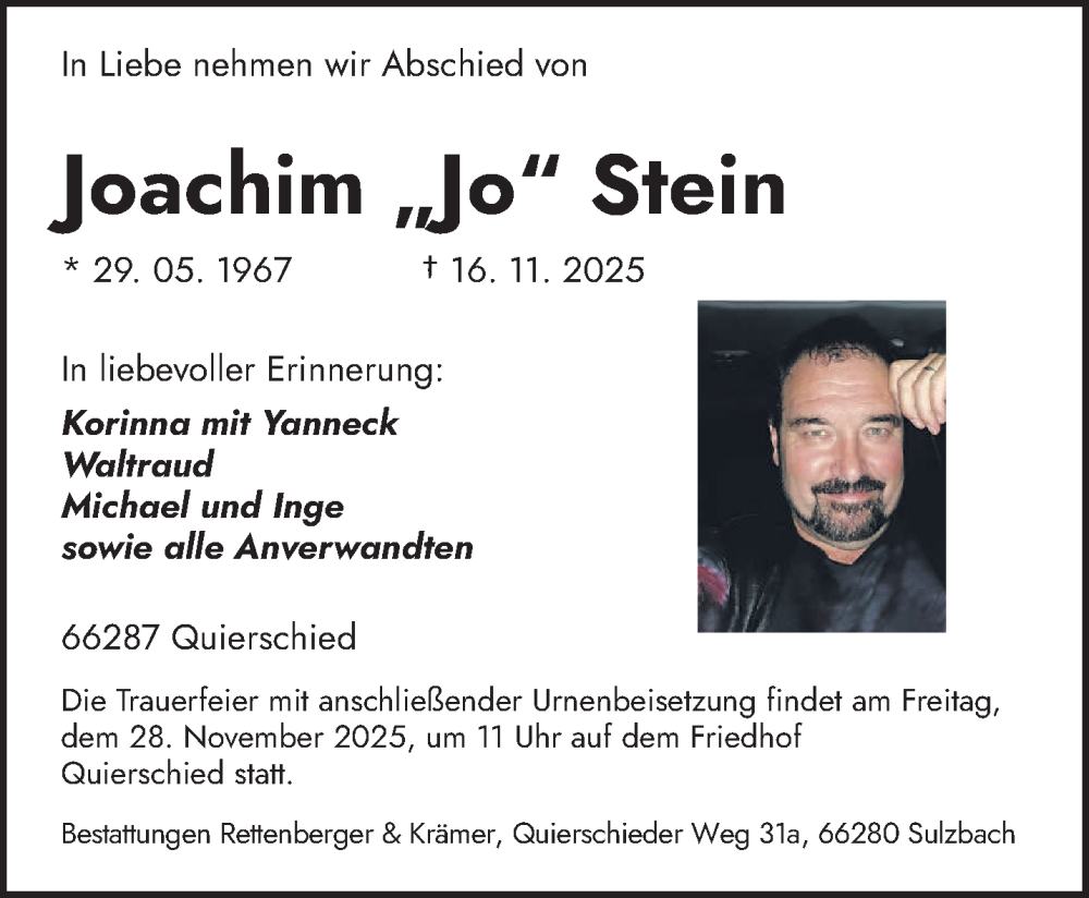  Traueranzeige für Joachim Stein vom 22.11.2025 aus saarbruecker_zeitung