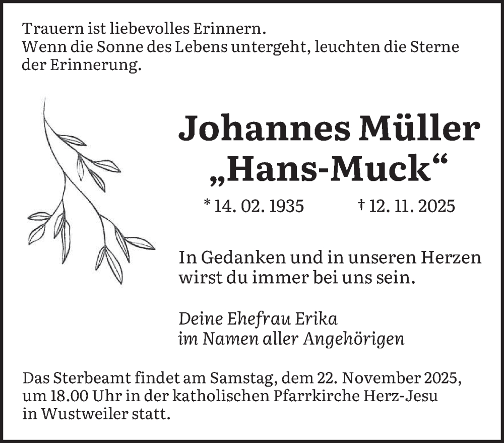 Traueranzeige für Johannes Müller vom 19.11.2025 aus saarbruecker_zeitung