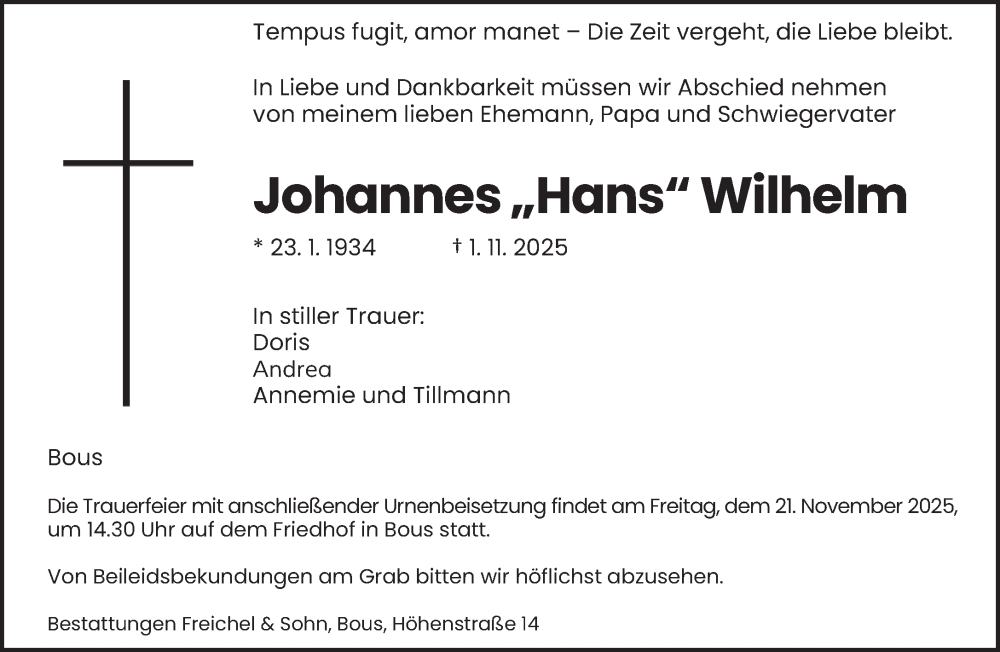  Traueranzeige für Johannes Wilhelm vom 15.11.2025 aus saarbruecker_zeitung