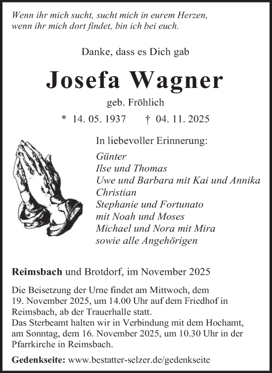 Traueranzeige von Josefa Wagner von saarbruecker_zeitung