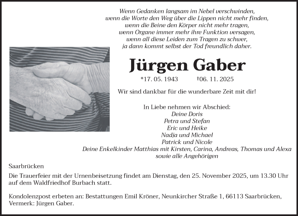  Traueranzeige für Jürgen Gaber vom 15.11.2025 aus saarbruecker_zeitung
