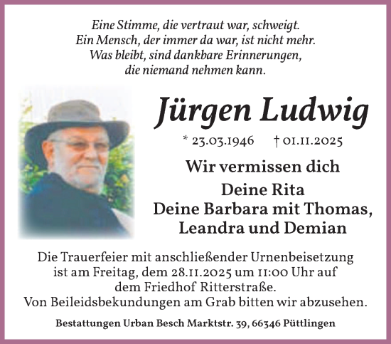 Traueranzeige von Jürgen Ludwig von saarbruecker_zeitung