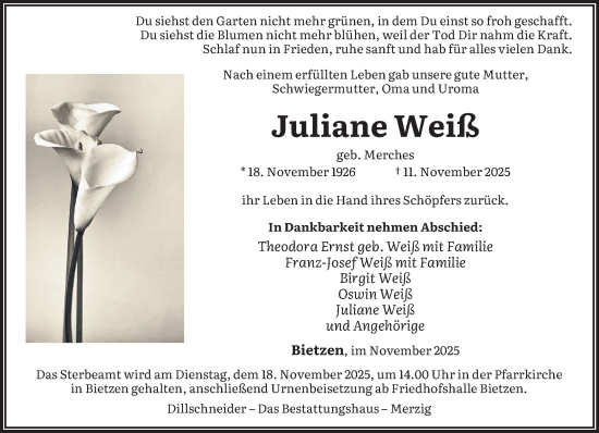 Traueranzeige von Juliane Weiß von saarbruecker_zeitung
