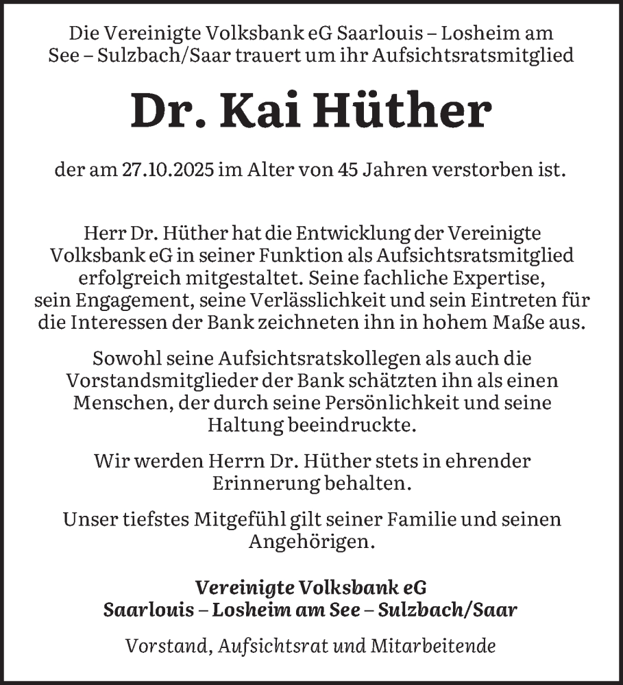  Traueranzeige für Kai Hüther vom 12.11.2025 aus saarbruecker_zeitung