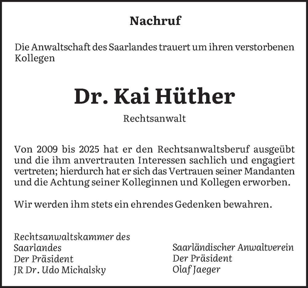  Traueranzeige für Kai Hüther vom 15.11.2025 aus saarbruecker_zeitung