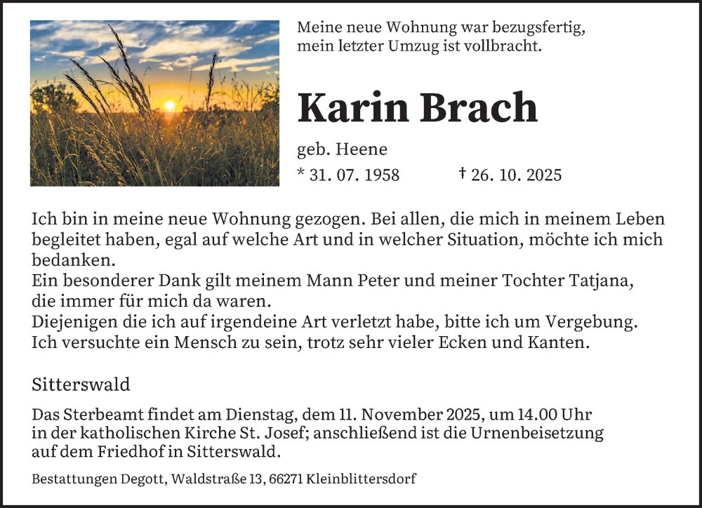  Traueranzeige für Karin Brach vom 31.10.2025 aus saarbruecker_zeitung