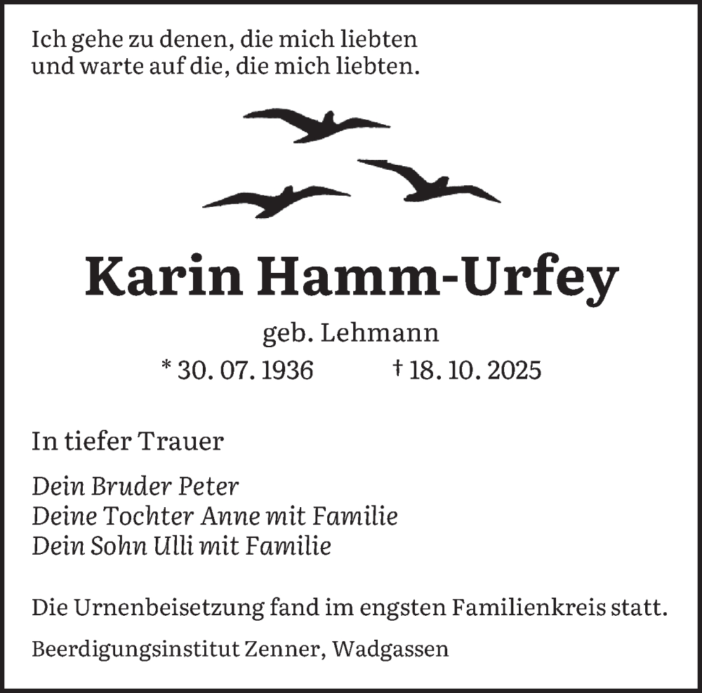  Traueranzeige für Karin Hamm-Urfey vom 22.11.2025 aus saarbruecker_zeitung