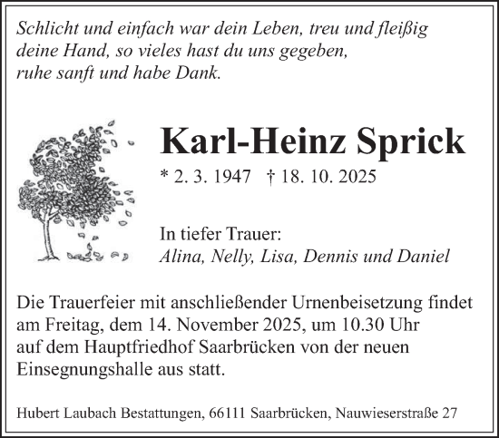 Traueranzeige von Karl-Heinz Sprick von saarbruecker_zeitung