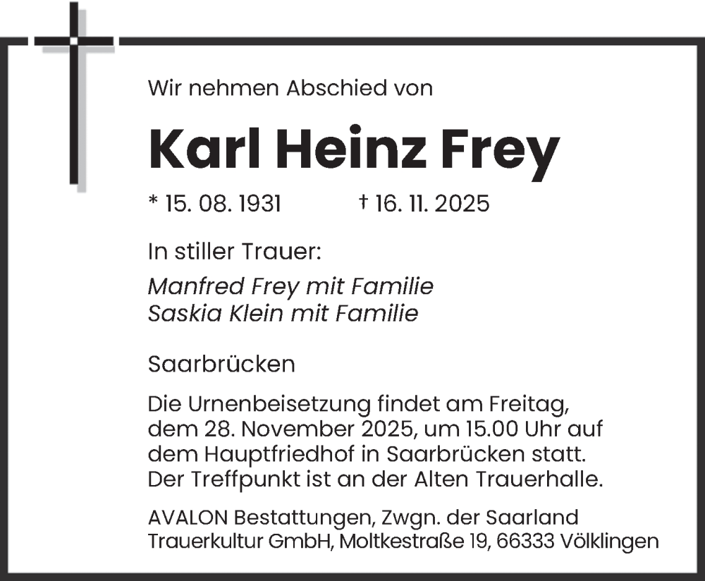  Traueranzeige für Karl Heinz Frey vom 22.11.2025 aus saarbruecker_zeitung