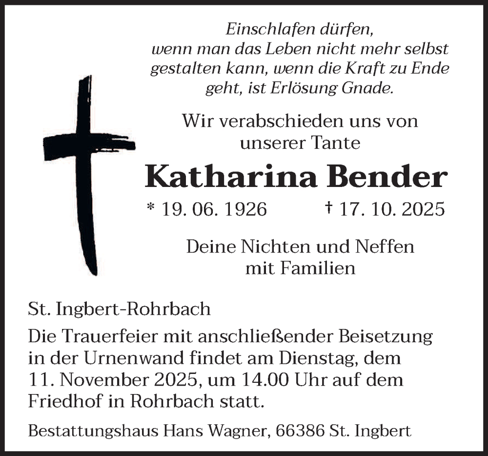  Traueranzeige für Katharina Bender vom 08.11.2025 aus saarbruecker_zeitung