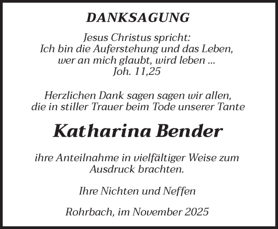 Traueranzeige von Katharina Bender von saarbruecker_zeitung