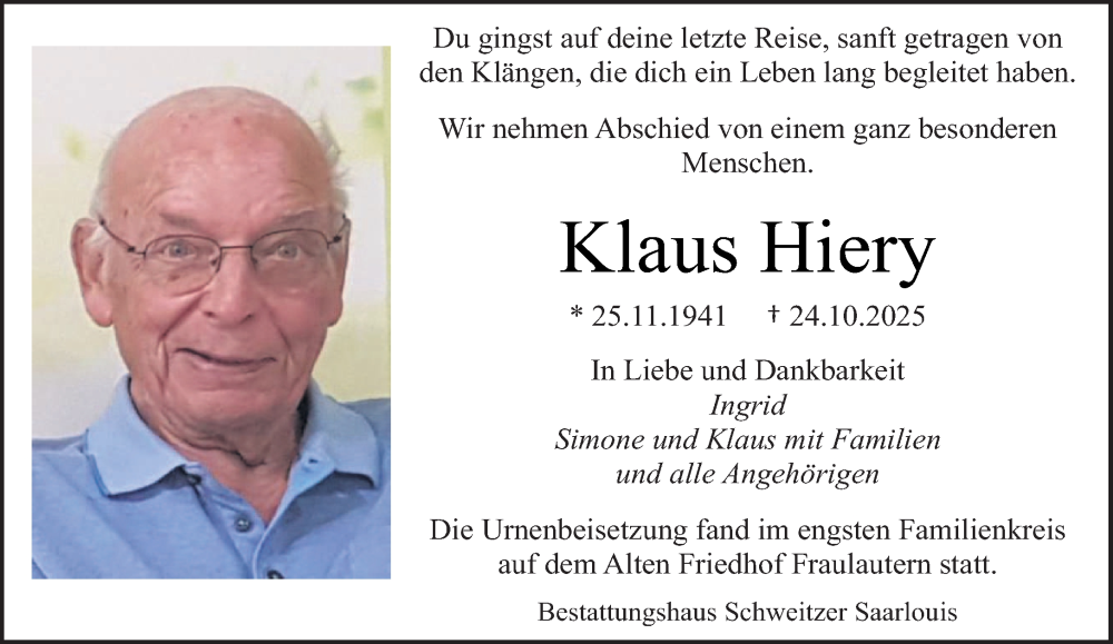  Traueranzeige für Klaus Hiery vom 08.11.2025 aus saarbruecker_zeitung