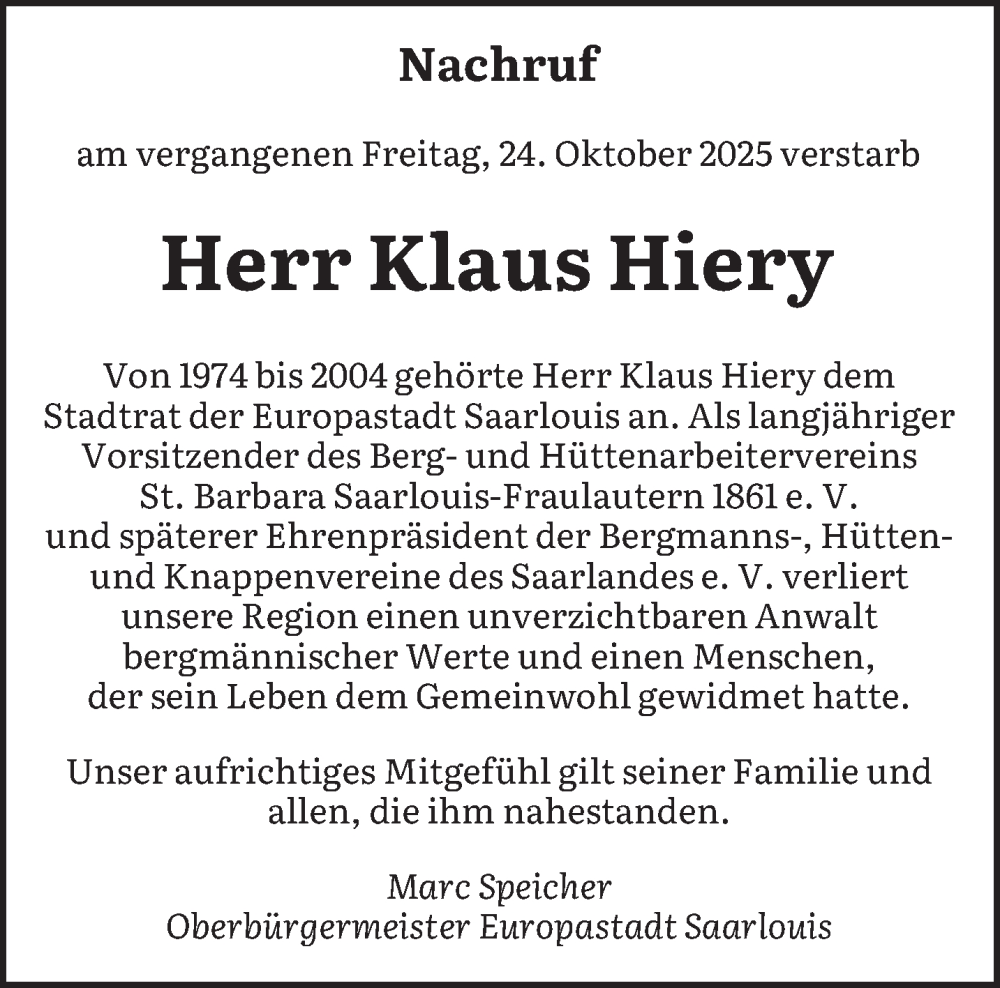  Traueranzeige für Klaus Hiery vom 05.11.2025 aus saarbruecker_zeitung