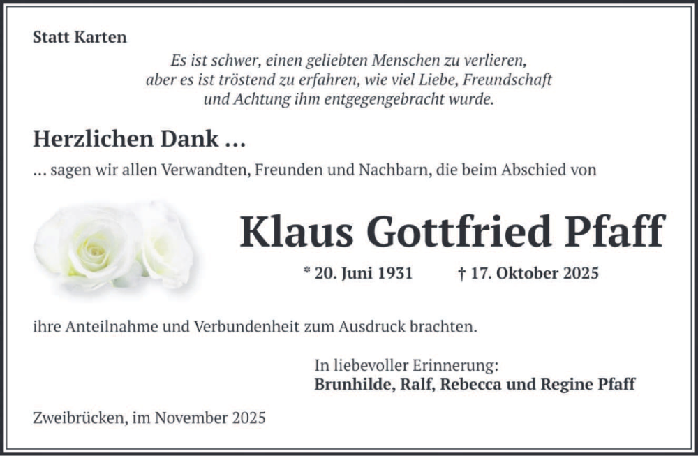  Traueranzeige für Klaus Gottfried Pfaff vom 22.11.2025 aus saarbruecker_zeitung