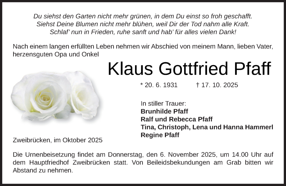  Traueranzeige für Klaus Gottfried Pfaff vom 03.11.2025 aus saarbruecker_zeitung