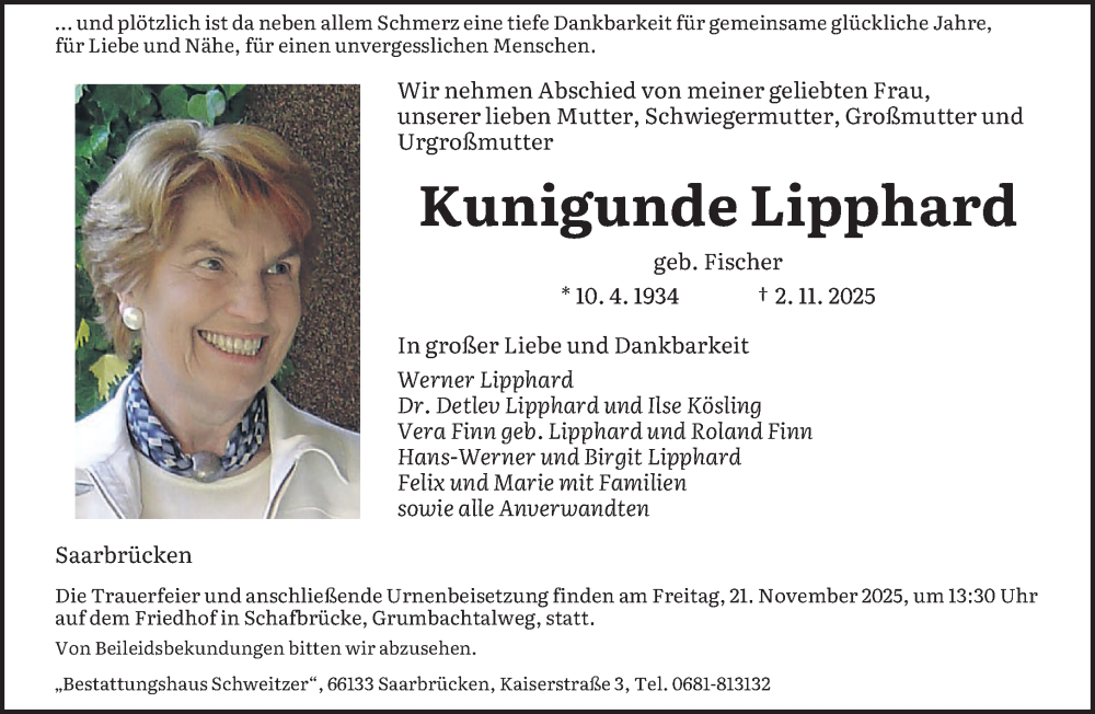  Traueranzeige für Kunigunde Lipphard vom 08.11.2025 aus saarbruecker_zeitung