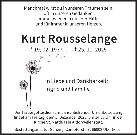 Traueranzeige von Kurt Rousselange von saarbruecker_zeitung