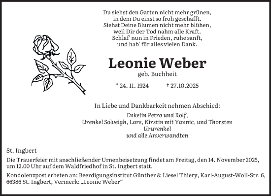Traueranzeige von Leonie Weber von saarbruecker_zeitung
