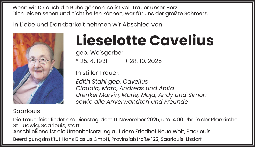  Traueranzeige für Lieselotte Cavelius vom 31.10.2025 aus saarbruecker_zeitung