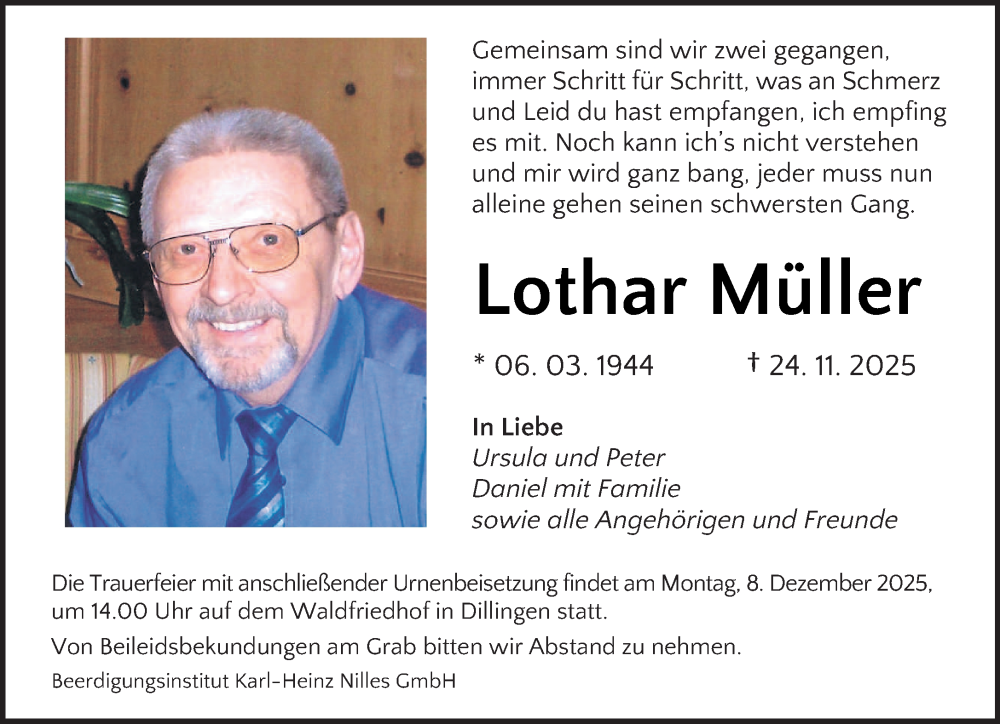  Traueranzeige für Lothar Müller vom 29.11.2025 aus saarbruecker_zeitung