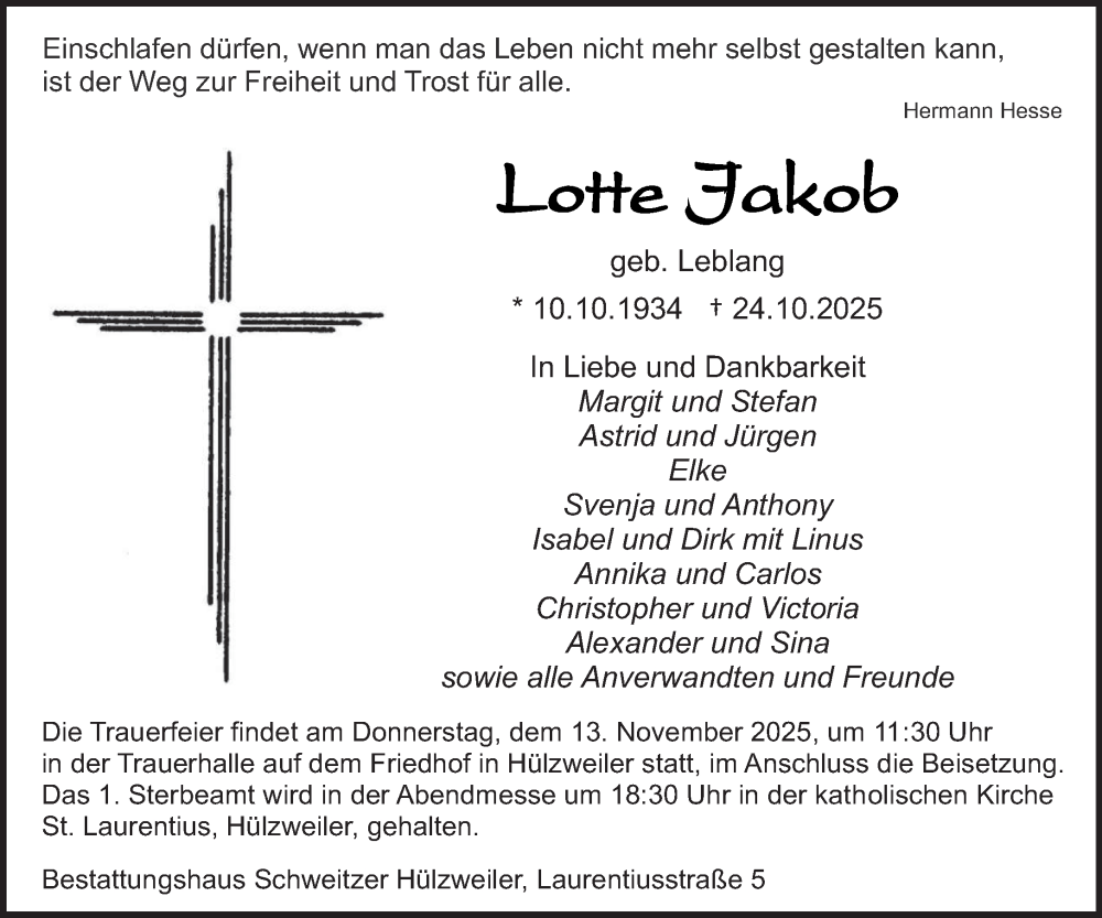  Traueranzeige für Lotte Jakob vom 08.11.2025 aus saarbruecker_zeitung