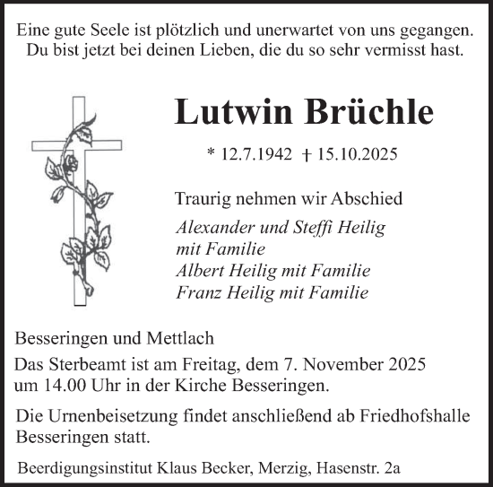Traueranzeige von Lutwin Brüchle von saarbruecker_zeitung