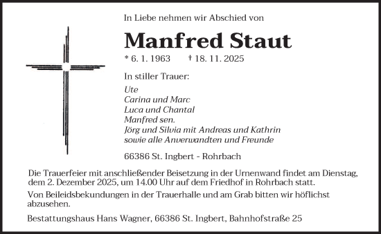 Traueranzeige von Manfred Staut von saarbruecker_zeitung