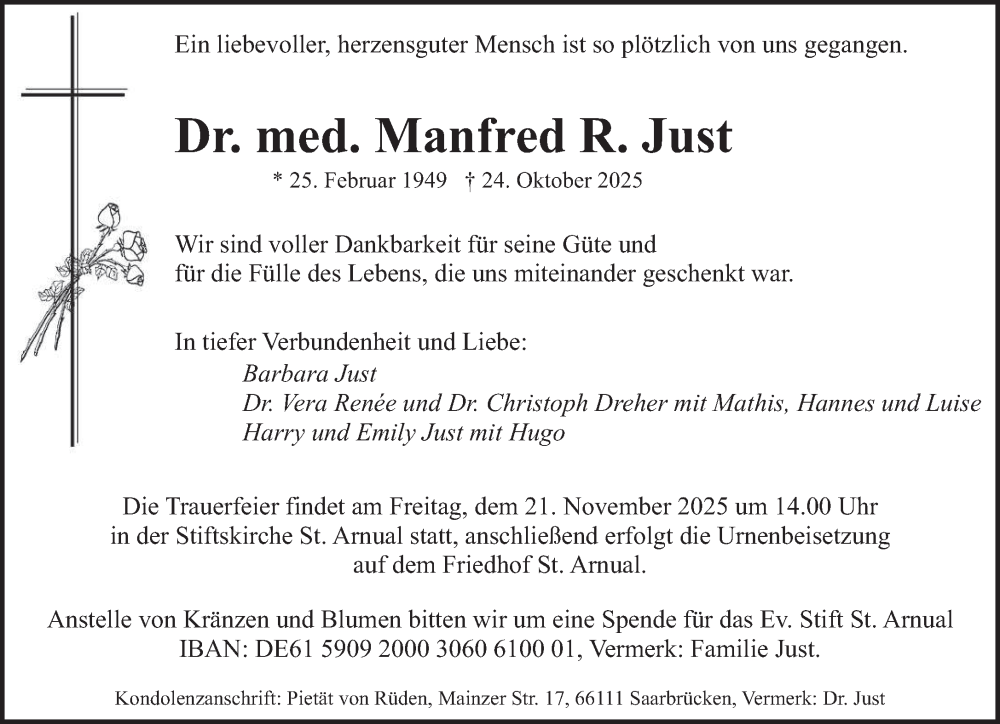  Traueranzeige für Manfred R. Just vom 08.11.2025 aus saarbruecker_zeitung