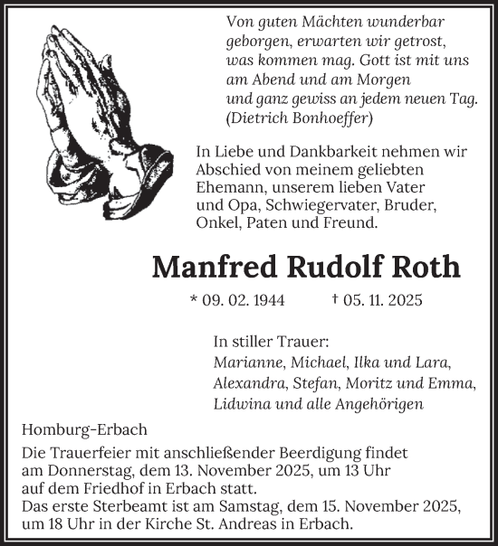 Traueranzeige von Manfred Rudolf Roth von saarbruecker_zeitung