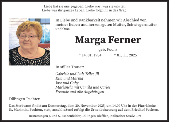 Traueranzeige von Marga Ferner von saarbruecker_zeitung