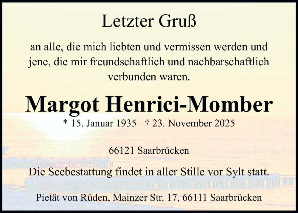  Traueranzeige für Margot Henrici-Momber vom 29.11.2025 aus saarbruecker_zeitung