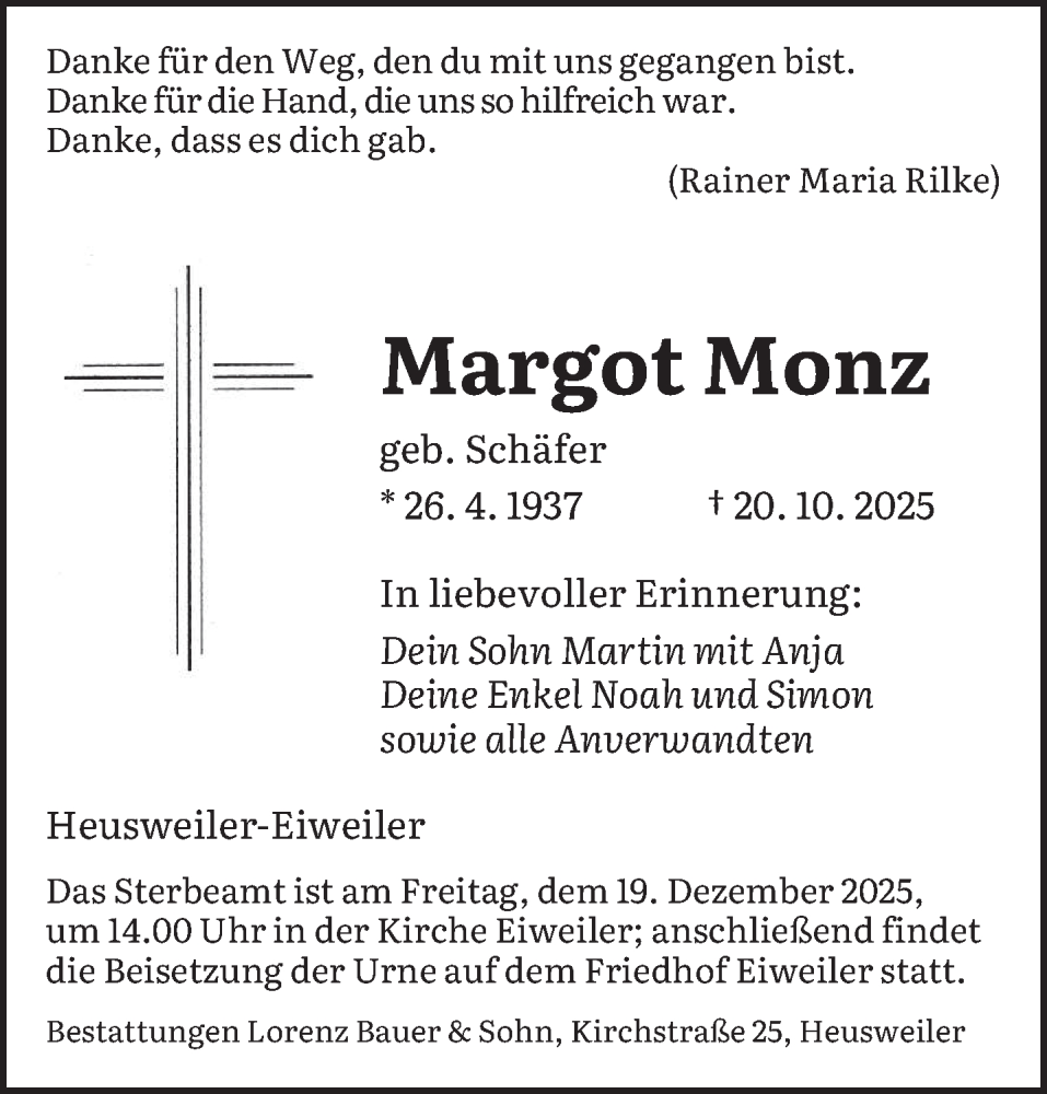  Traueranzeige für Margot Monz vom 29.11.2025 aus saarbruecker_zeitung