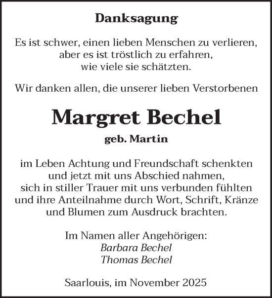 Traueranzeige von Margret Bechel von saarbruecker_zeitung