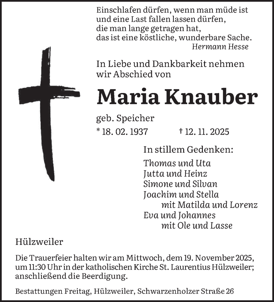  Traueranzeige für Maria Knauber vom 15.11.2025 aus saarbruecker_zeitung