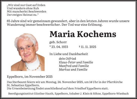 Traueranzeige von Maria Kochems von saarbruecker_zeitung