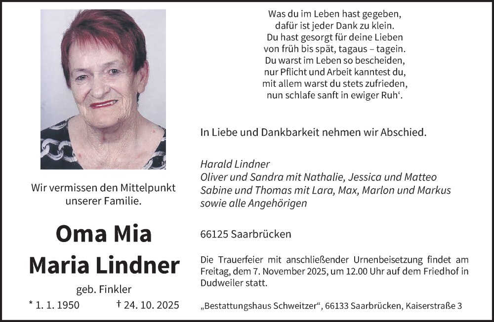  Traueranzeige für Maria Lindner vom 31.10.2025 aus saarbruecker_zeitung