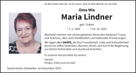 Traueranzeige von Maria Lindner von saarbruecker_zeitung
