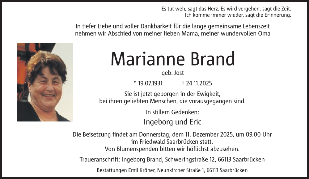  Traueranzeige für Marianne Brand vom 29.11.2025 aus saarbruecker_zeitung