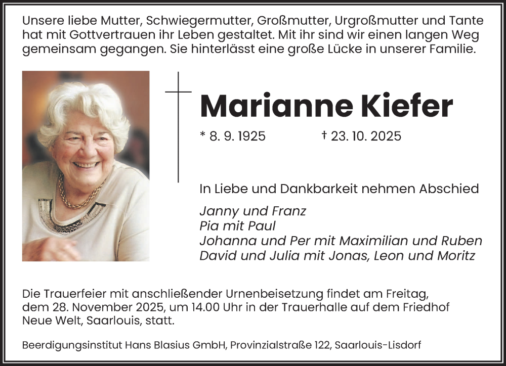  Traueranzeige für Marianne Kiefer vom 15.11.2025 aus saarbruecker_zeitung