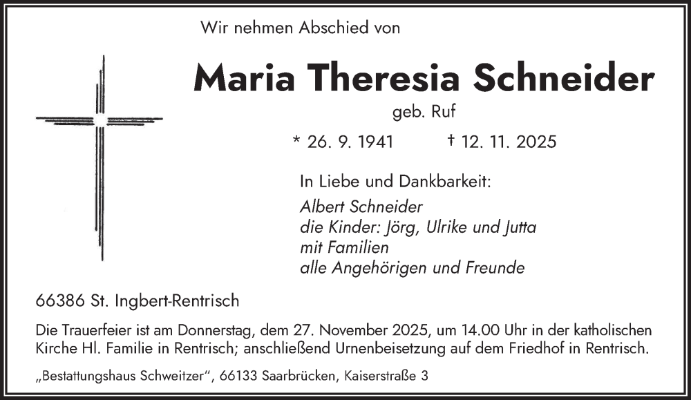  Traueranzeige für Maria Theresia Schneider vom 22.11.2025 aus saarbruecker_zeitung