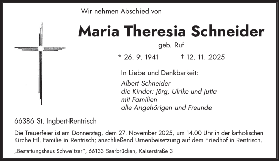Traueranzeige von Maria Theresia Schneider von saarbruecker_zeitung