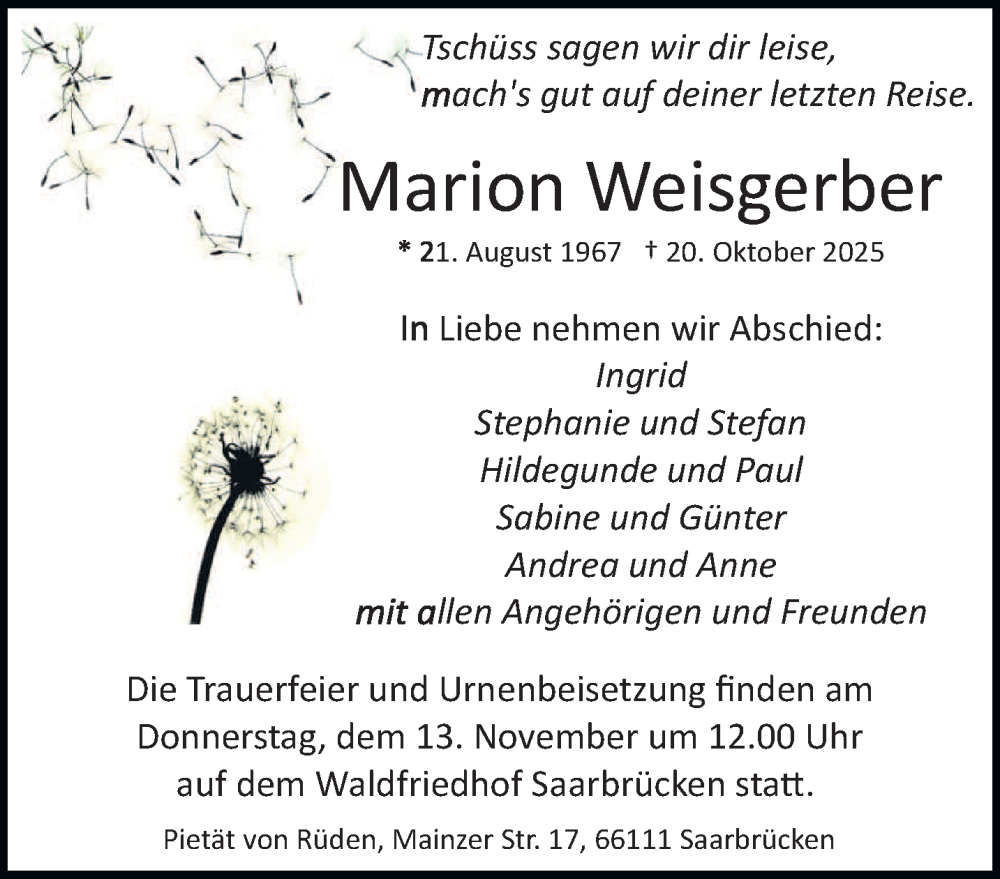  Traueranzeige für Marion Weisgerber vom 31.10.2025 aus saarbruecker_zeitung